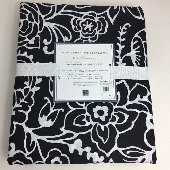 Pottery Barn Teen Dorm Duvet Cover Twin Bloom Doodle Black White Cotton Floral - Picture 12 of 12